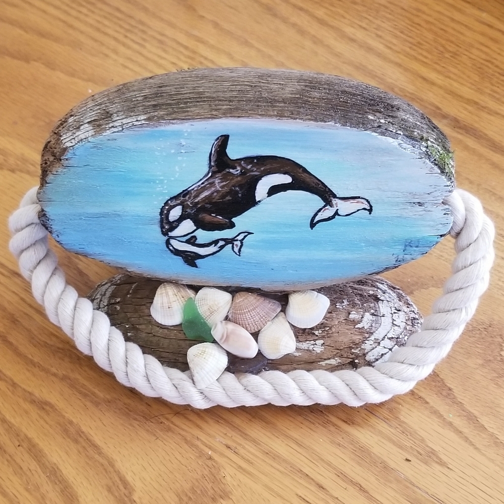 Hand Painted Orca Whale With Baby Wooden Bouy